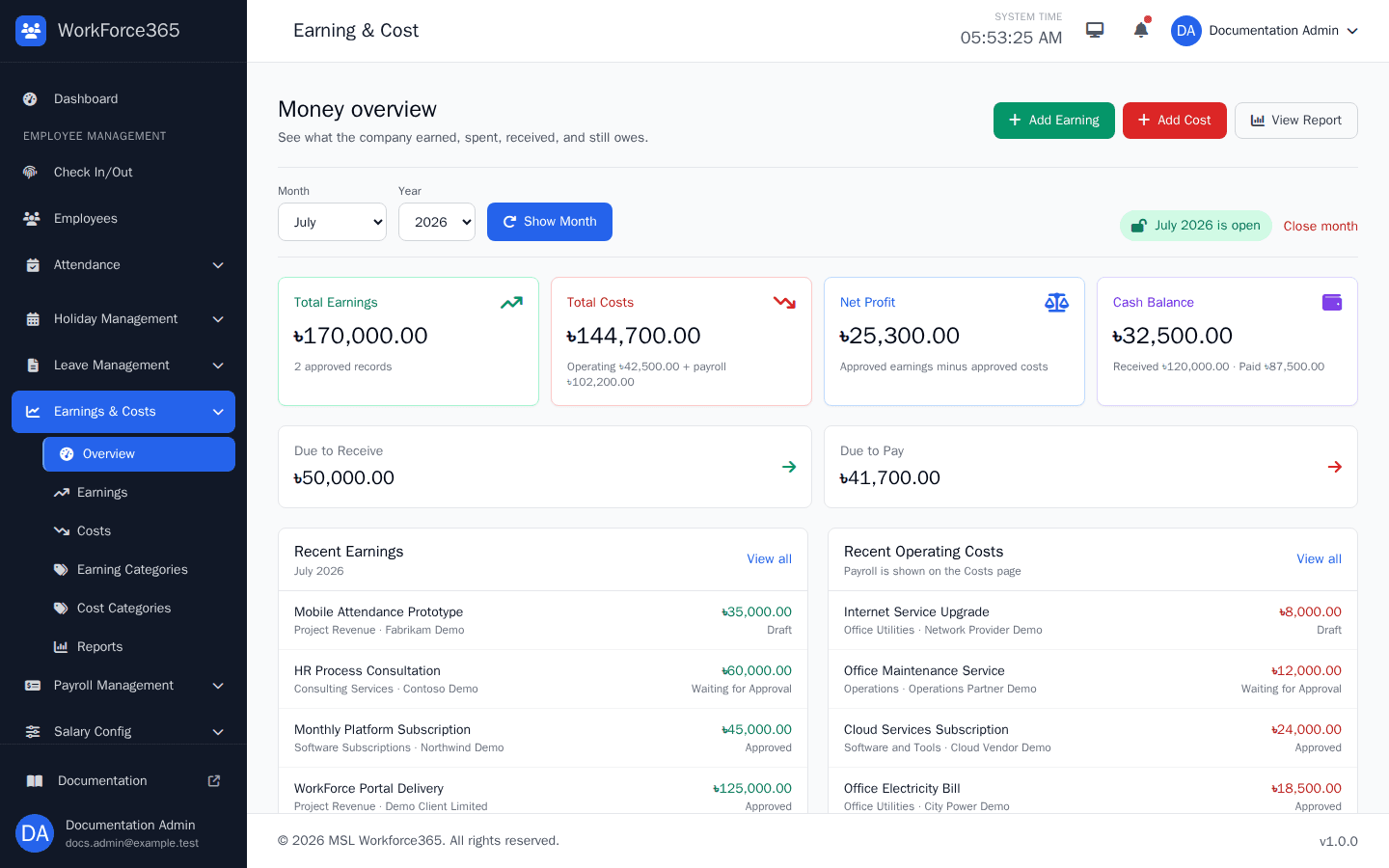 WorkForce365 earnings and costs dashboard with earnings, operating costs, profit, cash, receivables, and payables