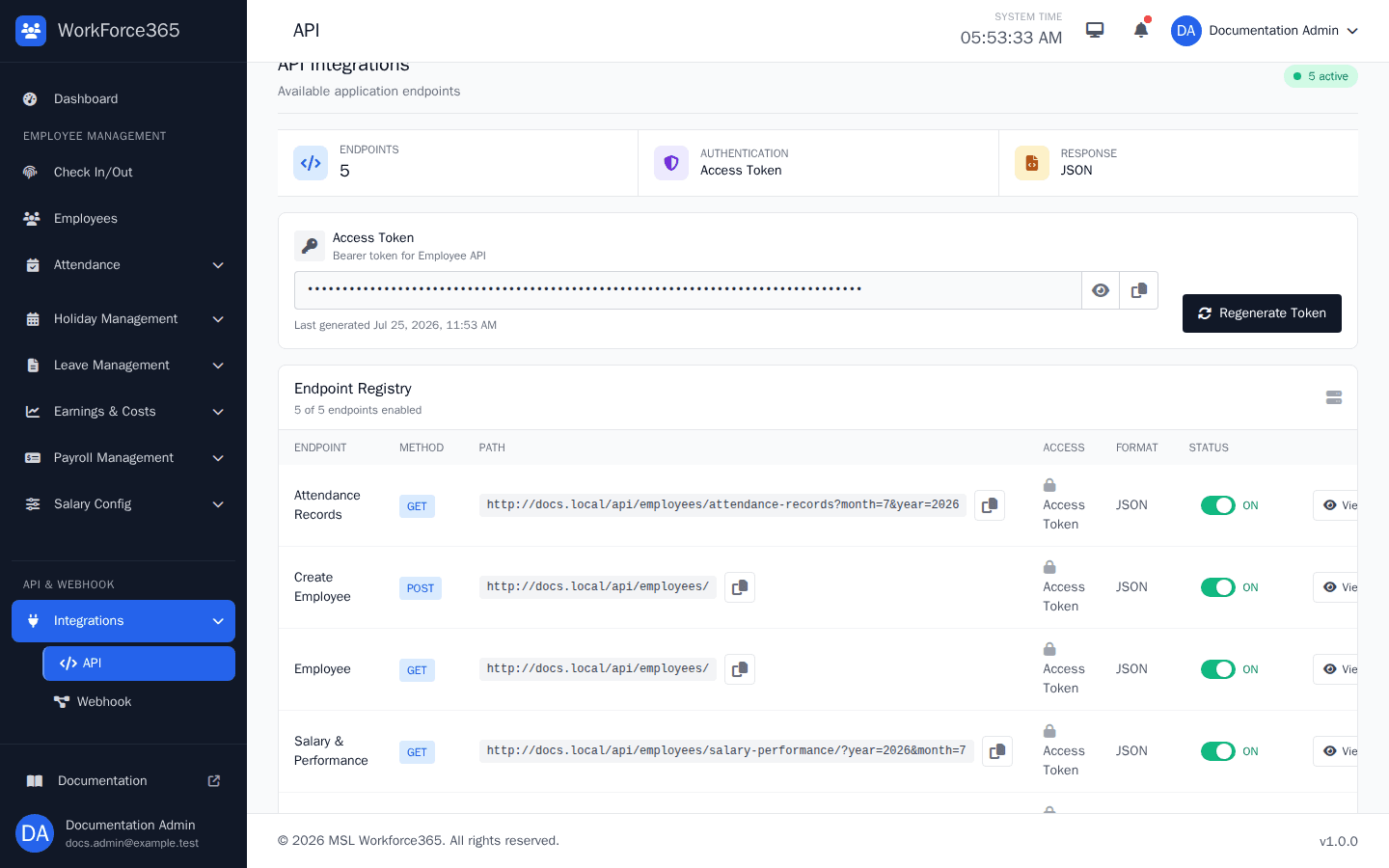 WorkForce365 managed endpoint registry for API and webhook integrations