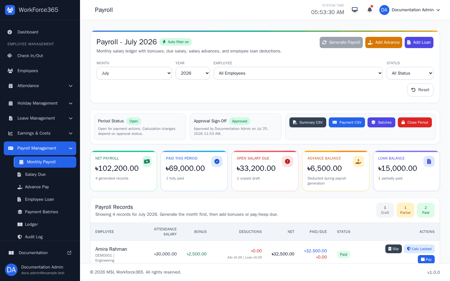 WorkForce365 payroll dashboard showing payroll status, totals, deductions, paid amount, and salary dues